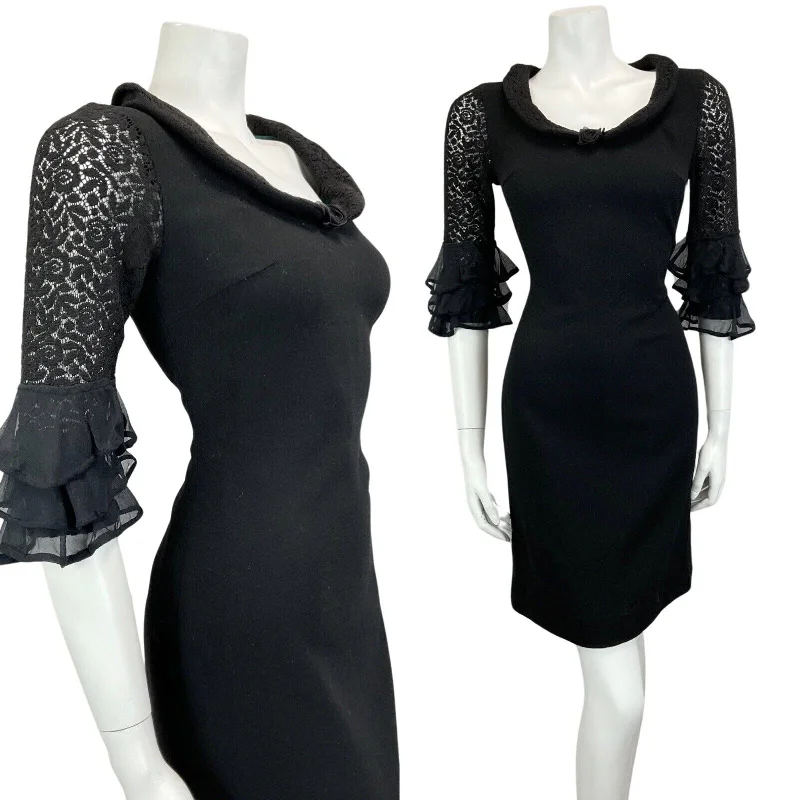 Final Sale VINTAGE 60s 70s BLACK LACE RUFFLE MOD MINI PARTY CHRISTMAS EVENING DRESS 10