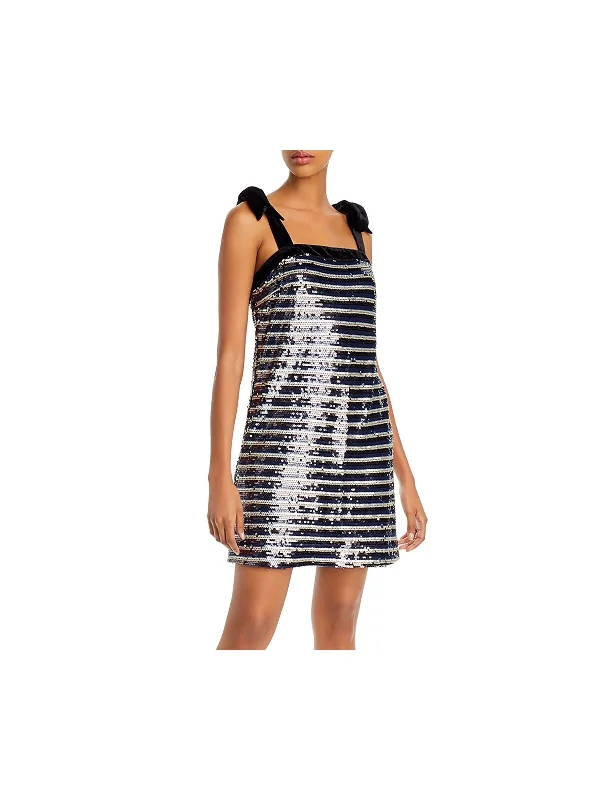 Big Discounts AQUA Womens Navy Sequined Striped Spaghetti Strap Square Neck Short Party Shift Dress
