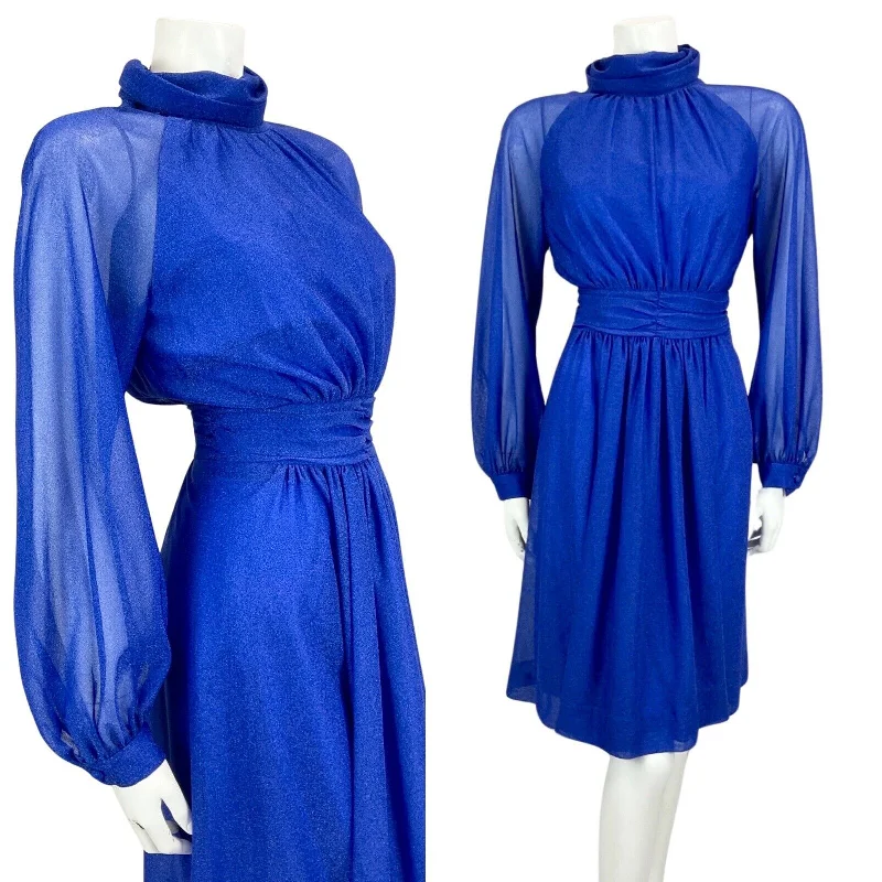 Special Offer VINTAGE 60s 70s BLUE LUREX DISCO FLOATY MIDI PARTY CHRISTMAS EVENING DRESS 10