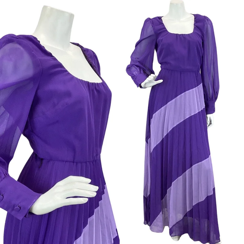 Today Only VINTAGE 60s 70s PURPLE LILAC PLEATED SHEER SLEEVE DISCO BOHO FOLK  MAXI DRESS 8