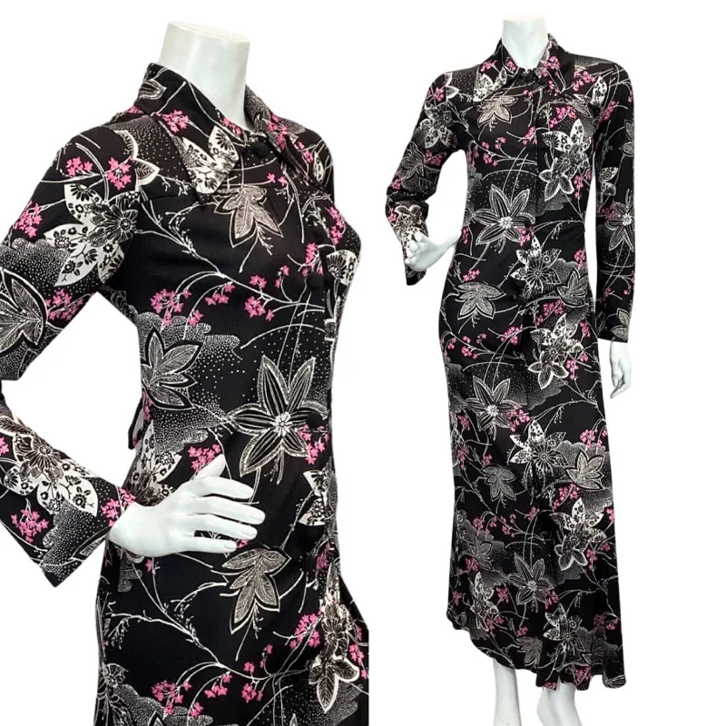 Super Sale VINTAGE 60s 70s BLACK PINK WHITE FLORAL PATTERNED BUTTON DOWN MAXI DRESS 12 14