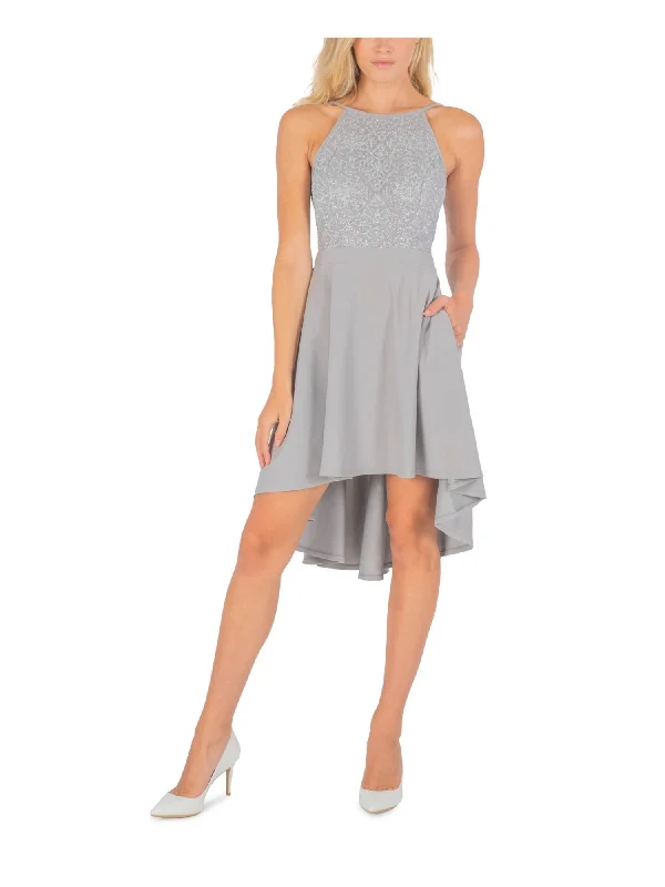 Price Drop SPEECHLESS Womens Silver Lace Glitter Zippered Sleeveless Halter Knee Length Cocktail Hi-Lo Dress