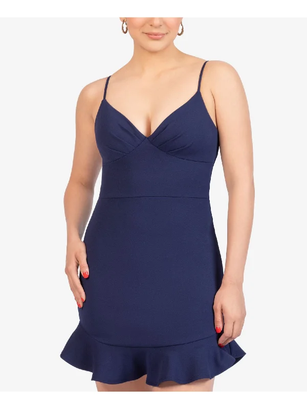Anniversary Sale B DARLIN Womens Navy Stretch Zippered Ruffled Flounce Hem Spaghetti Strap V Neck Short Party Fit + Flare Dress