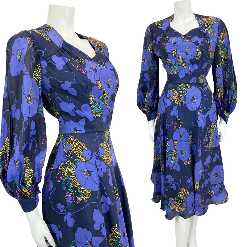 Deal Frenzy VINTAGE 60s 70s BLUE NAVY GOLD FLORAL PRINT FLOATY BOHO DISCO MOD DRESS 8