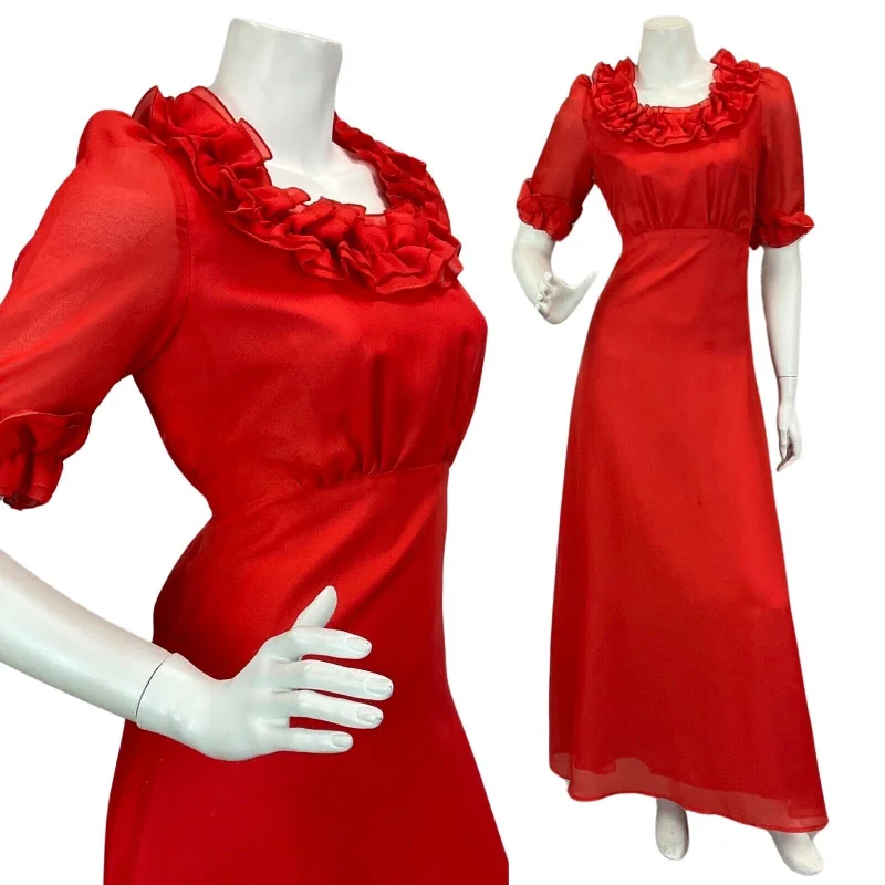 Buy Now VINTAGE 60s 70s RED RUFFLE PRAIRIE FOLK MAXI DRESS 6