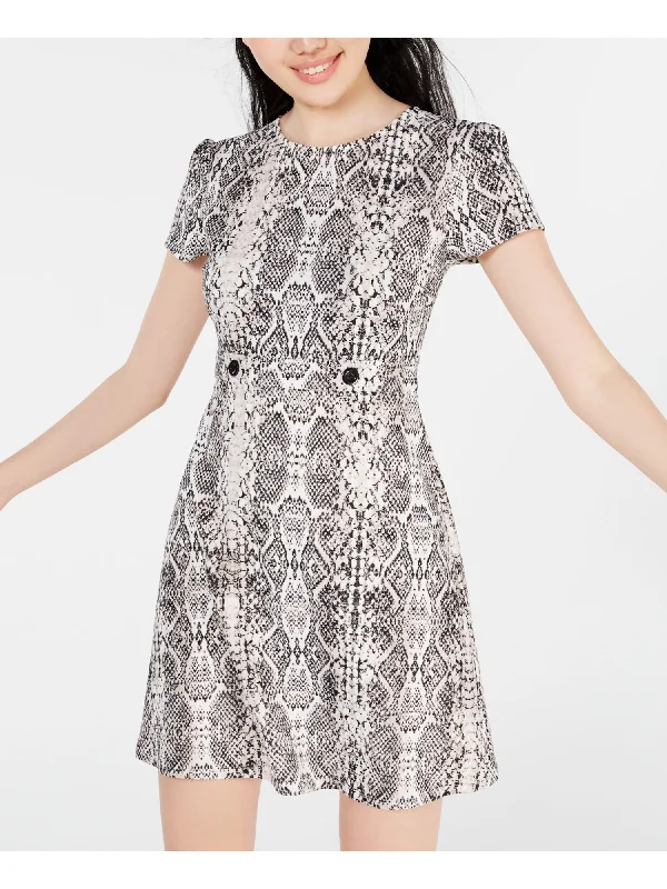 Discount Deals CITY STUDIO Womens Gray Snake Print Short Sleeve Jewel Neck Short Sheath Dress