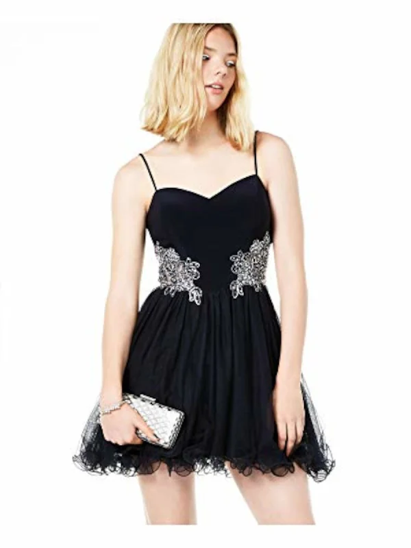 Best Deals BLONDIE NITES Womens Black Embellished Metallic Lined, Mesh Sleeveless Halter Short Prom Fit + Flare Dress