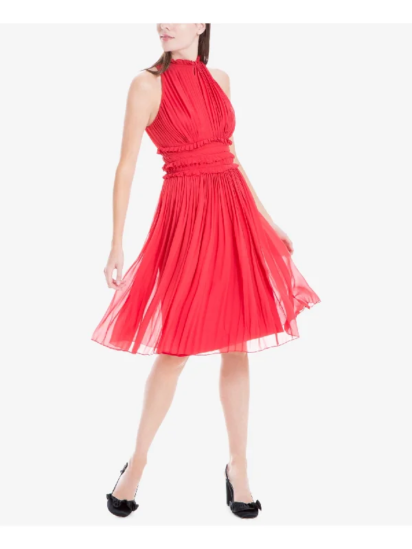 Unbeatable Prices MAX STUDIO Womens Red Pleated Ruffled Sleeveless Crew Neck Mini Cocktail Empire Waist Dress