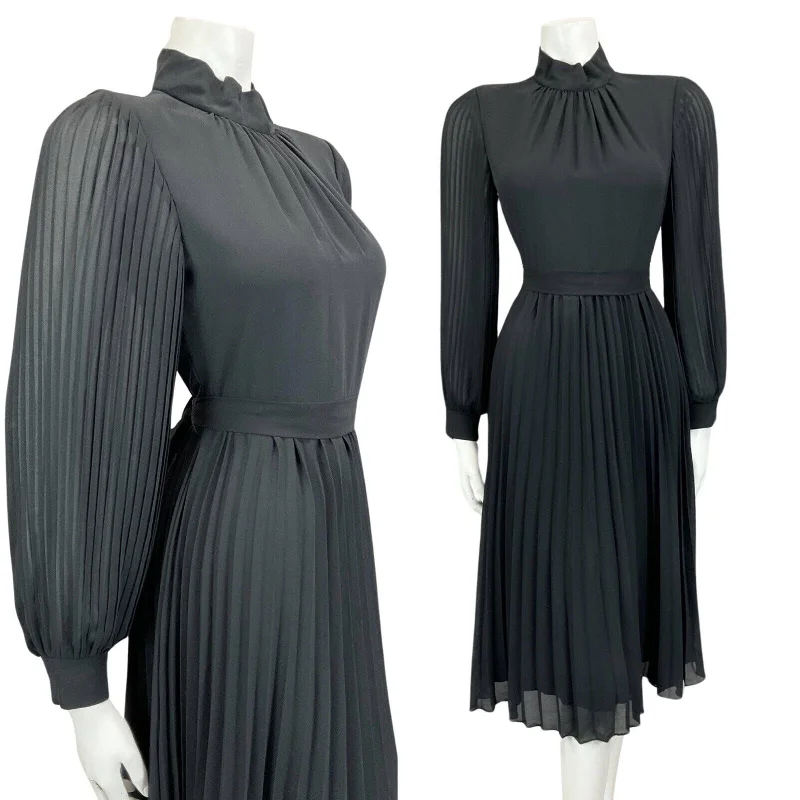 Final Clearance VINTAGE 60s 70s BLACK DISCO PLEATED MINI PARTY CHRISTMAS EVENING DRESS 8