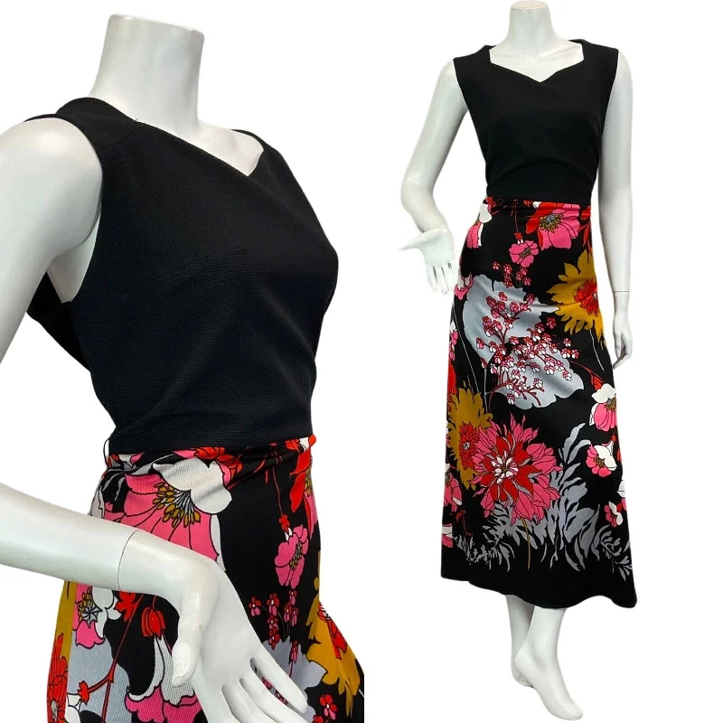 Bargain Prices VINTAGE 60s 70s BLACK PINK RED YELLOW PSYCHEDELIC FLORAL MAXI DRESS 14