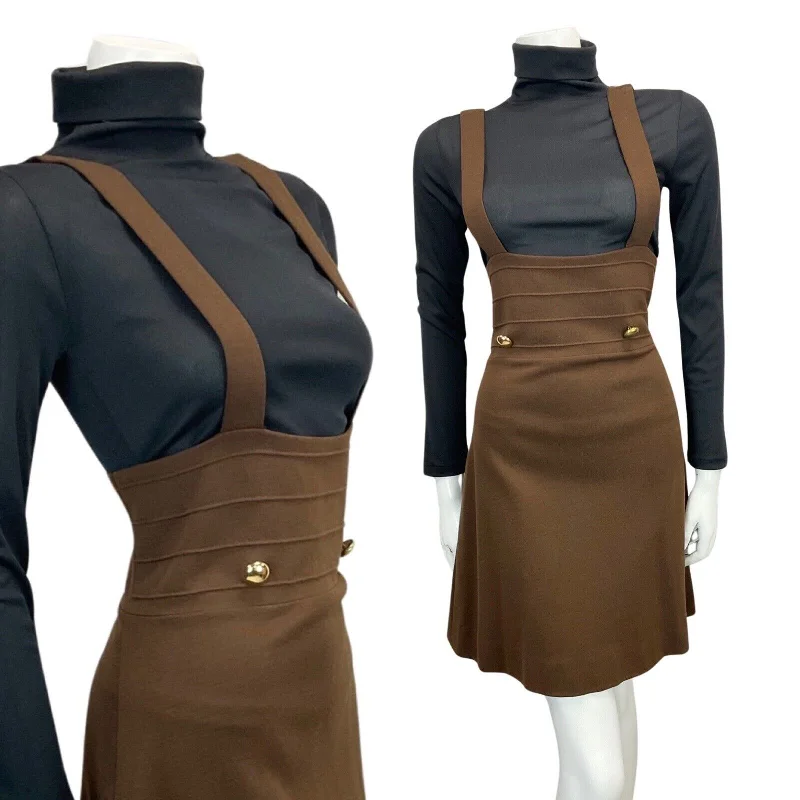 Bargain Bin VINTAGE 60s 70s BROWN PINAFORE APRON BOHO MOD DRESS 12 14