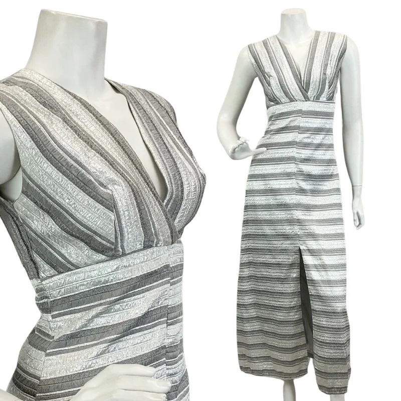 Super Bargain VINTAGE 60s 70s SILVER PLUNGE NECK DISCO PARTY EVENING  MAXI DRESS 8 10