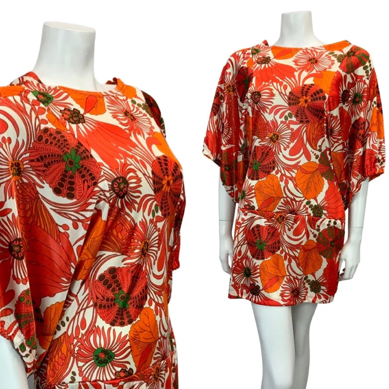 Discount Deals VTG 60s 70s WHITE RED ORANGE GREEN FLORAL PSYCHEDELIC BACKLESS MINI DRESS 8 10