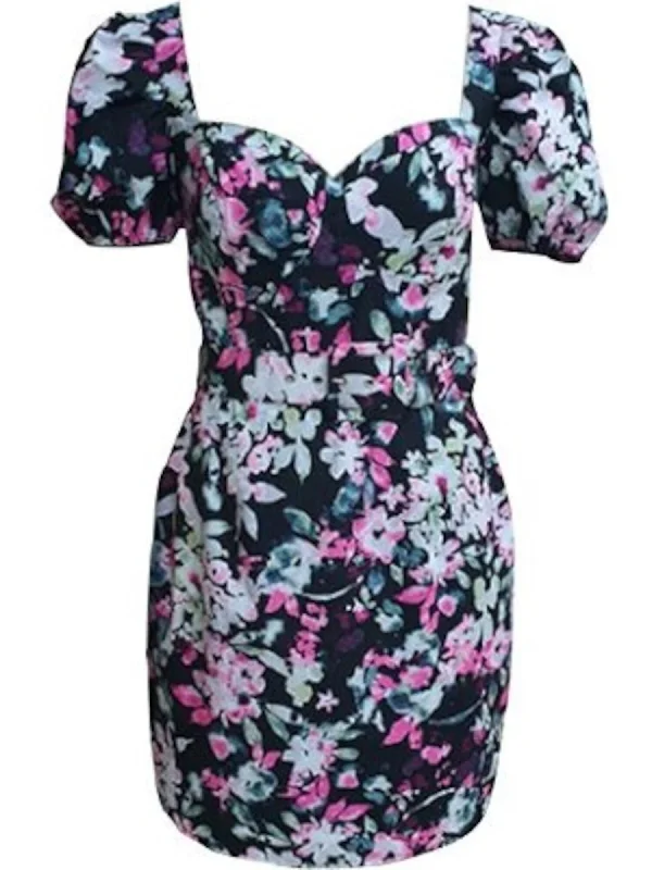 Clearance Items BAR III Womens Black Floral Short Sleeve Sweetheart Neckline Evening Body Con Dress