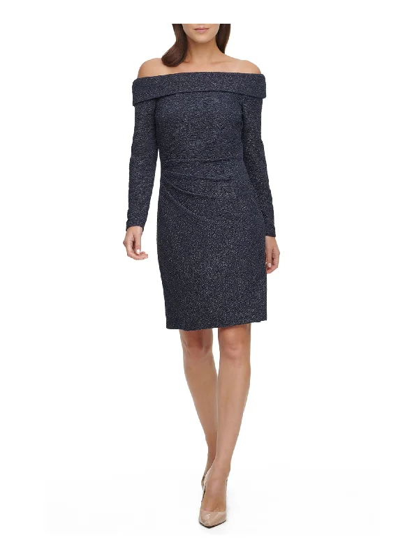 Sale Event ELIZA J Womens Gray Glitter Textured Off Shoulder Above The Knee Party Sheath Dress