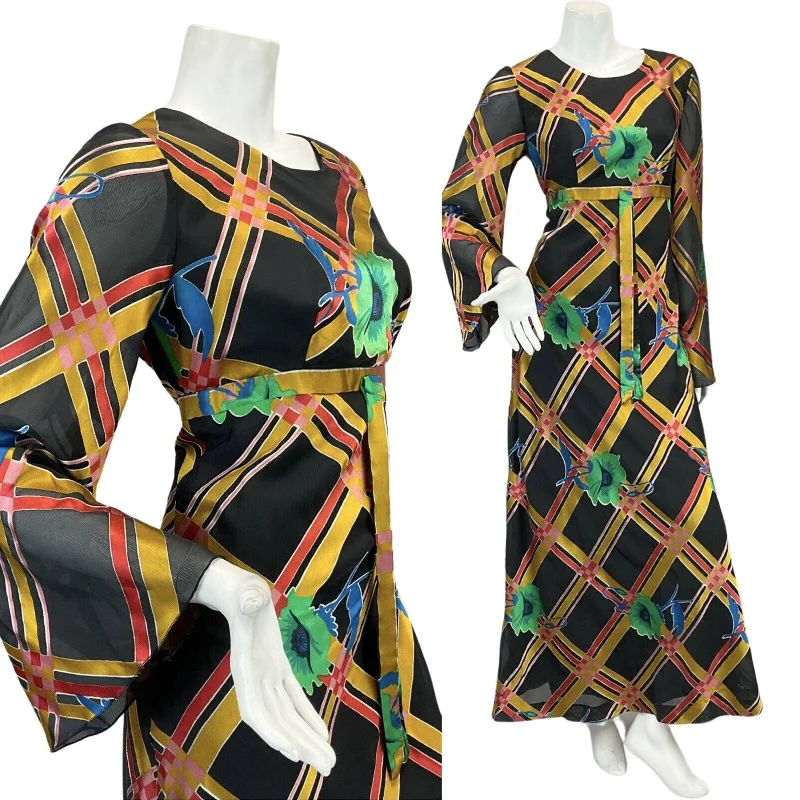 Can't Miss VTG 60s 70s BLACK GOLD RED GREEN FLOWER ABSTRACT PATTERN MAXI DRESS 8 10