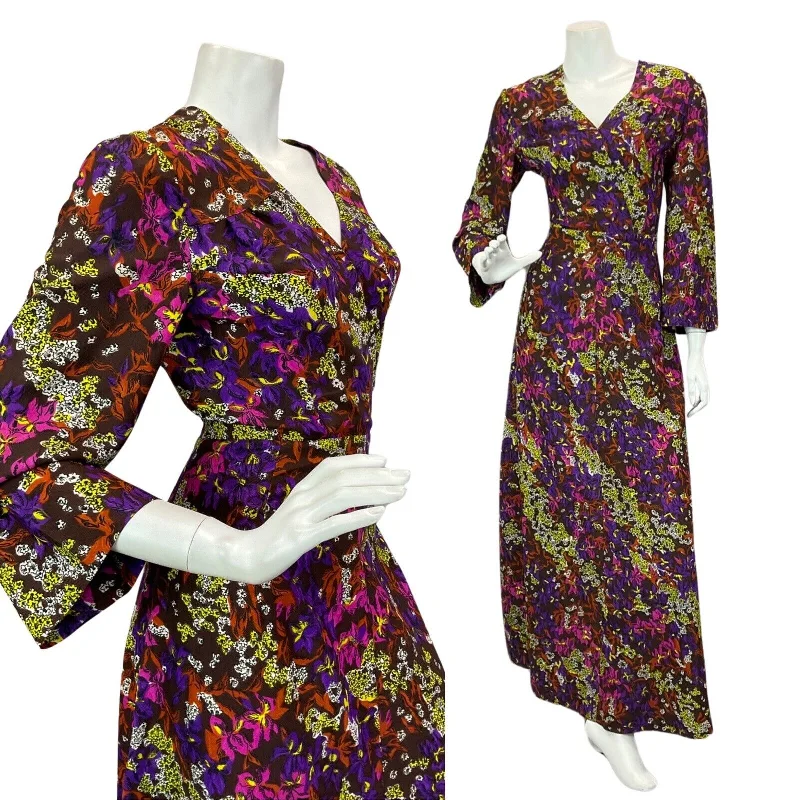 While Supplies Last VINTAGE 60s 70s BROWN PURPLE YELLOW FLORAL PRINT MAXI DRESS 14