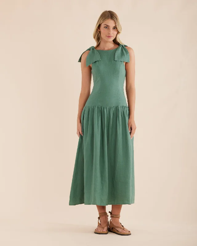 Quick Sale Mavie Bow Linen Maxi Dress - Evergreen