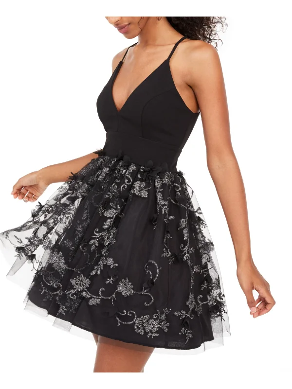 Savings Bonanza TRIXXI Womens Black Textured Floral Spaghetti Strap V Neck Short Evening Fit + Flare Dress