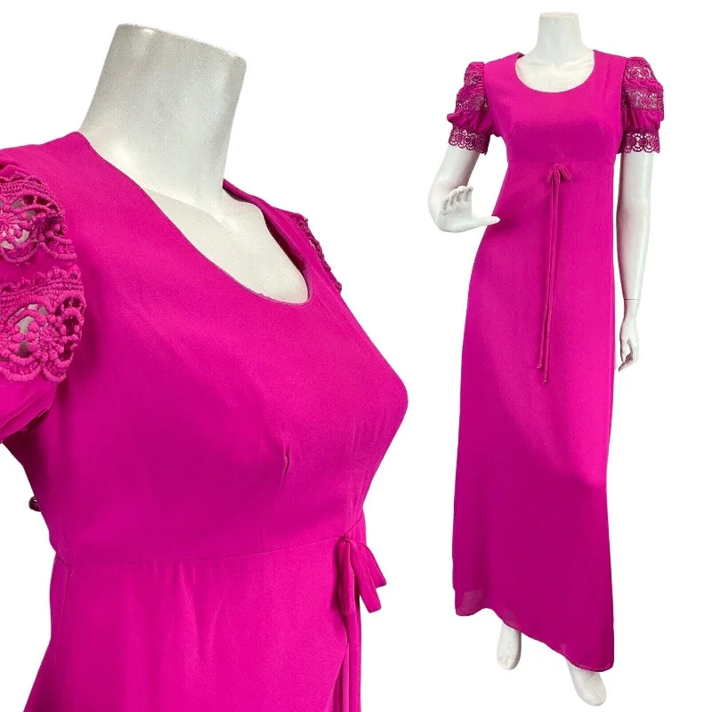 The Best Prices VINTAGE 60s 70s FUCHSIA PINK LACE EMPIRE LINE MOD MAXI DRESS 10