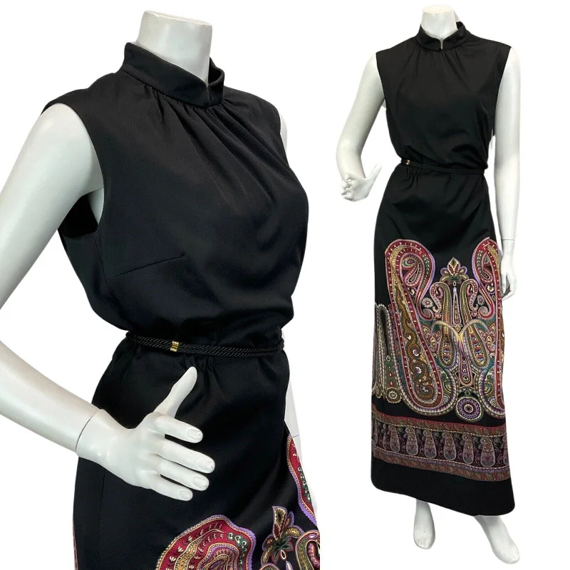 Act Now VINTAGE 60s 70s BLACK PURPLE BURGUNDY PAISLEY PRINT BOHO DISCO MAXI DRESS 14 16