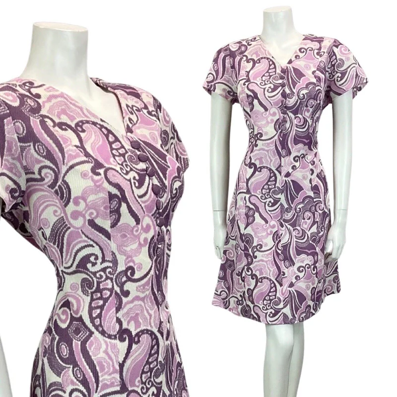 Reduced Prices VINTAGE 60S 70S WHITE LILAC PURPLE PSYCHEDELIC BOHO MOD MINI DRESS 12 14