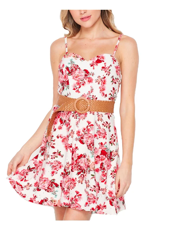 Final Clearance TEEZE ME Womens Ivory Zippered Belted Floral Spaghetti Strap Short Fit + Flare Dress