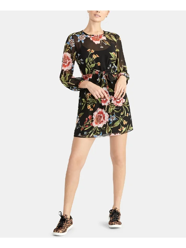 Exclusive Online Offer RACHEL ROY Womens Black Floral Long Sleeve Illusion Neckline Mini Shift Dress