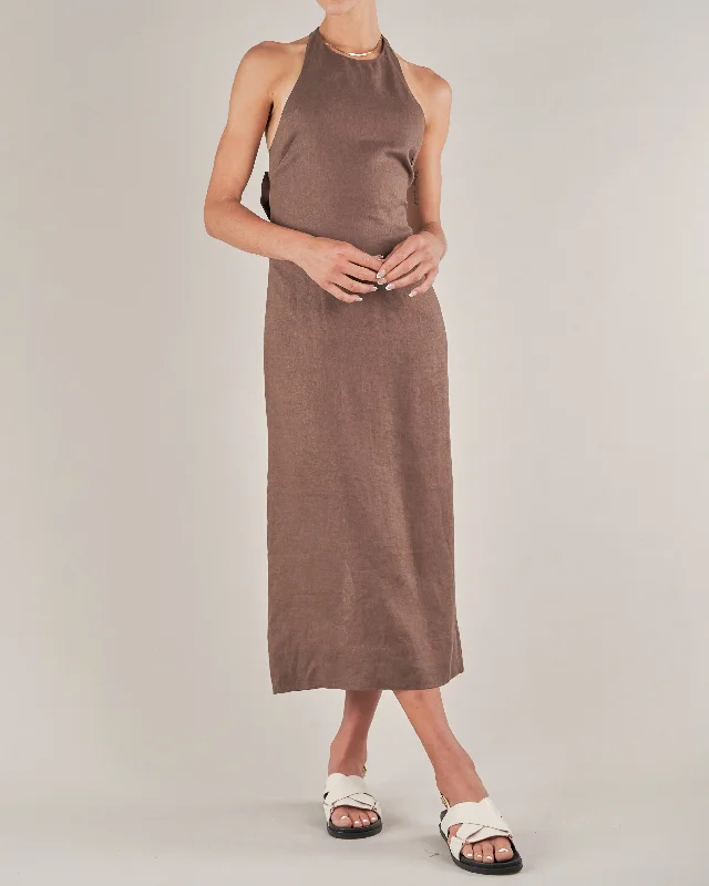 Price Drop Alert Santa Cruz Linen Halterneck Dress - Chocolate
