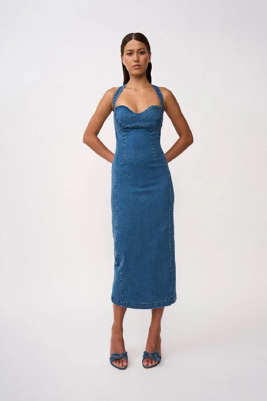 Savings Event Savannah Denim Halter Midi Dress | Final Sale - Blue Denim