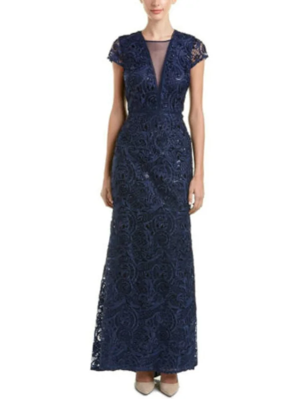 Deal of the Week CARMEN MARC VALVO Womens Navy Sequined Cap Sleeve V Neck Full-Length Evening Fit + Flare Dress