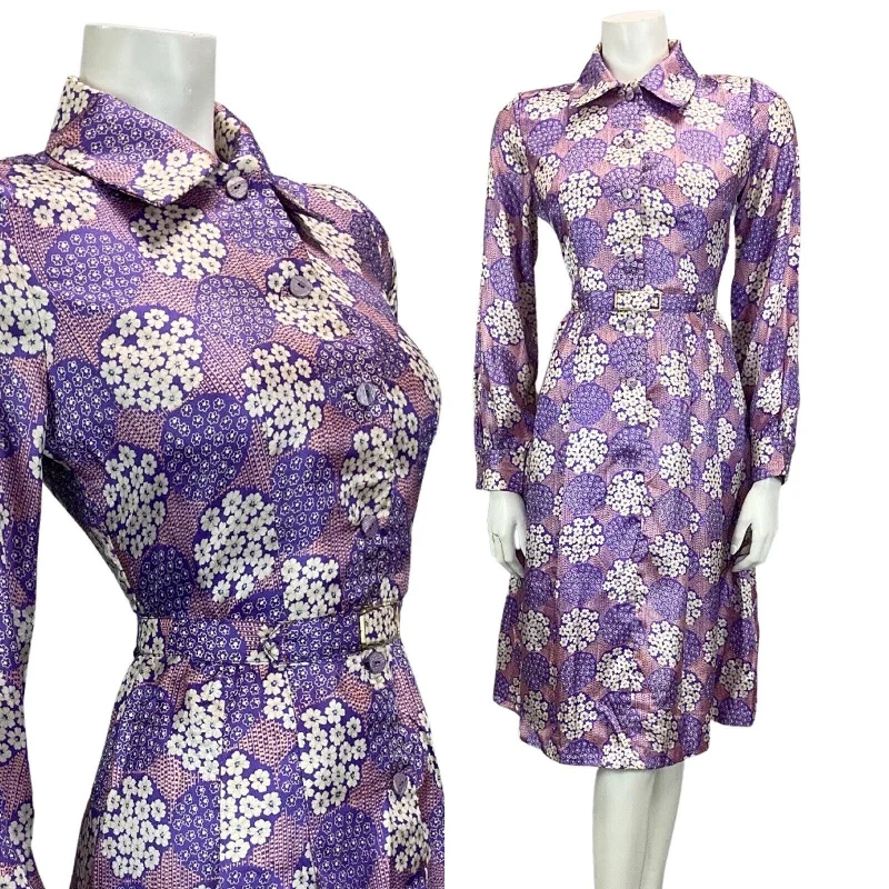 Daily Deals VINTAGE 60S 70S PURPLE LILAC FLORAL PRINT BOHO PSYCHEDELIC MIDI DRESS 12