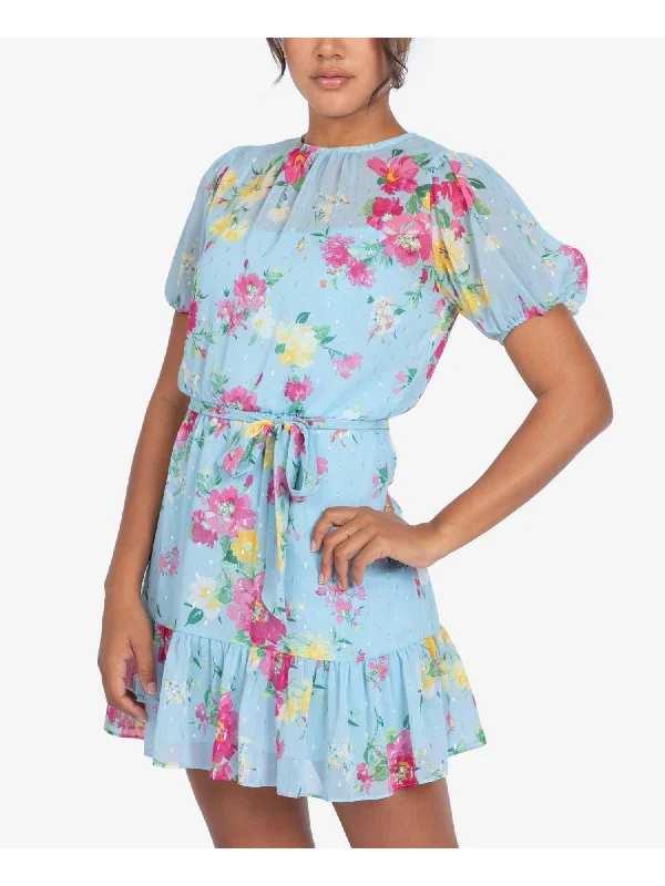 Shop and Save B DARLIN Womens Light Blue Belted Ruffled Floral Pouf Sleeve Short Fit + Flare Dress