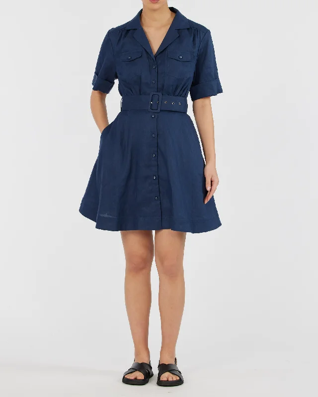 Massive Deals Cadence Linen Mini Dress - Navy
