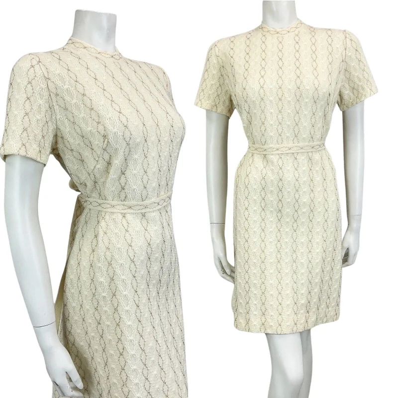 Weekend Deal VINTAGE 60s 70s CREAM GOLD TEXTURED MOD MINI PARTY CHRISTMAS EVENING DRESS 14