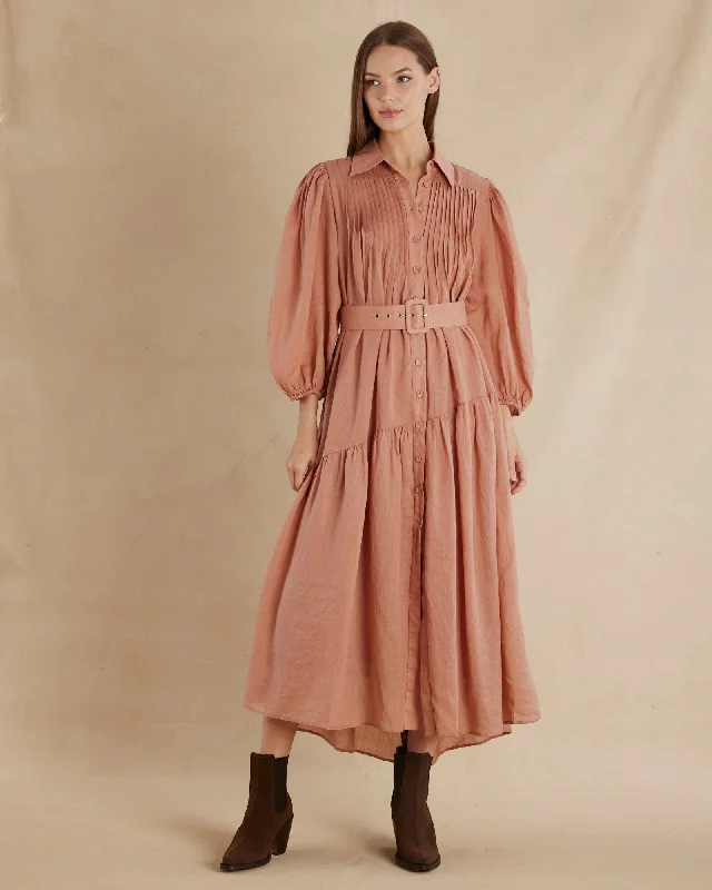 Epic Deals Poeta Ramie Pintuck Belted Dress - Blush