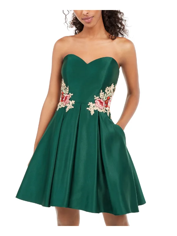 Crazy Deals BLONDIE Womens Green Embellished Floral Sweetheart Neckline Full-Length Party Fit + Flare Dress