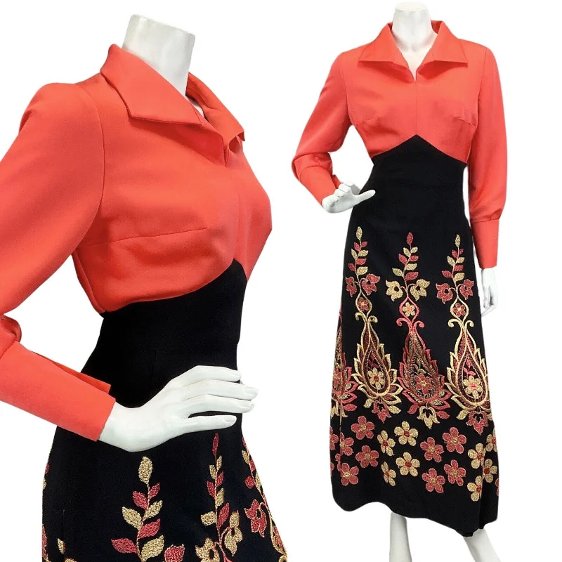 Clearance Event VINTAGE 60s 70s BLACK CORAL FLORAL EMBROIDERED EVENING BOHO FOLK  MAXI DRESS 10