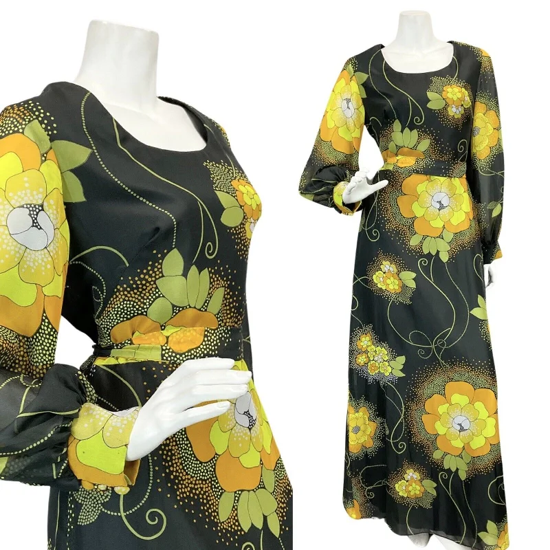 Act Fast VTG 60s 70s BLACK YELLOW ORANGE FLORAL PRINT PSYCHEDELIC MAXI DRESS 10 12
