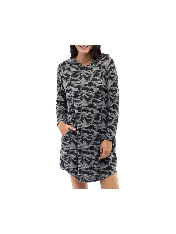 Closeout BOBEAU Womens Gray Camouflage Long Sleeve V Neck Short Shift Dress