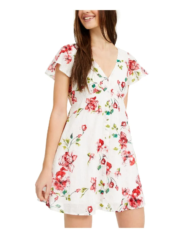 Price Blitz SEQUIN HEARTS Womens White Floral Short Sleeve V Neck Mini Dress