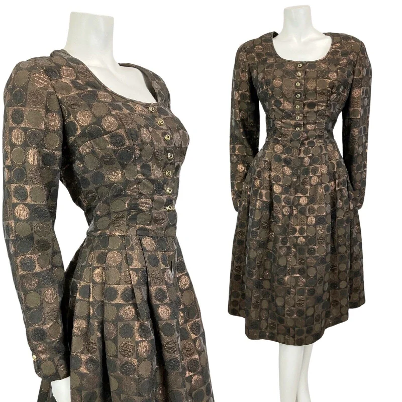 Super Deal VINTAGE 60s 70s BROWN BRONZE METALLIC MOD MIDI PARTY CHRISTMAS EVENING DRESS 12
