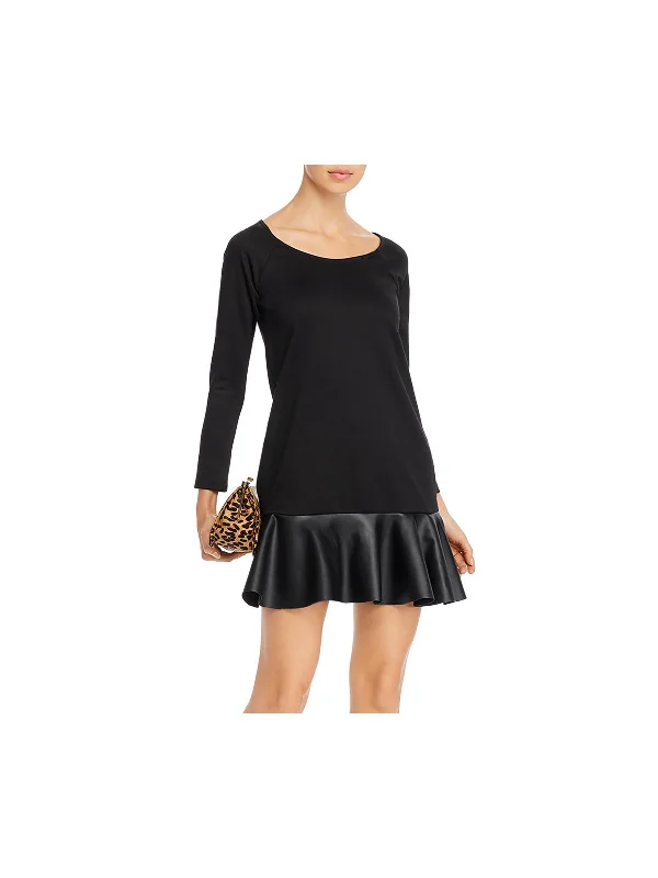 Don't Miss AQUA Womens Black Faux Leather Zippered Long Sleeve Scoop Neck Short Evening Shift Dress