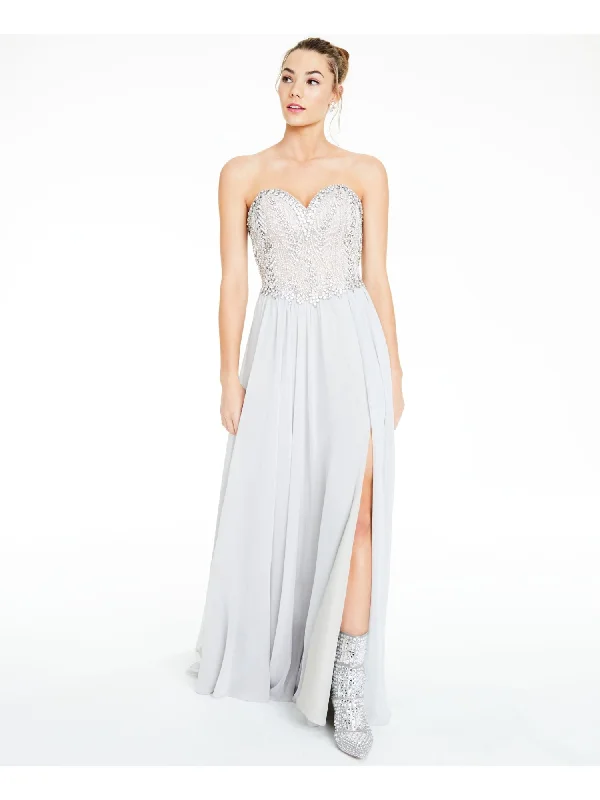Limited Time Offer Glamour Womens Silver Embellished Slitted Spaghetti Strap Sweetheart Neckline Full-Length Formal Fit + Flare Dress