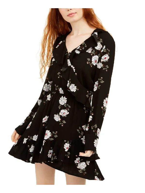 Massive Deals AMERICAN RAG Womens Black Ruffled Elastic Waist Floral Cuffed Sleeve Surplice Neckline Short Party Faux Wrap Dress