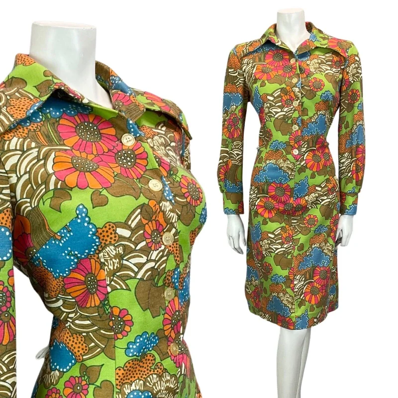 Act Now VTG 60S 70S GREEN PINK BLUE  FLORAL PRINT BOHO PSYCHEDELIC PRINT MIDI DRESS 14