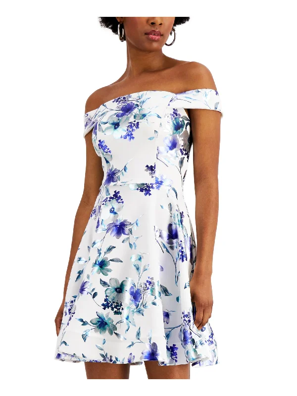 Limited Stock CRYSTAL DOLLS Womens White Zippered Floral Cap Sleeve Off Shoulder Short Party Fit + Flare Dress