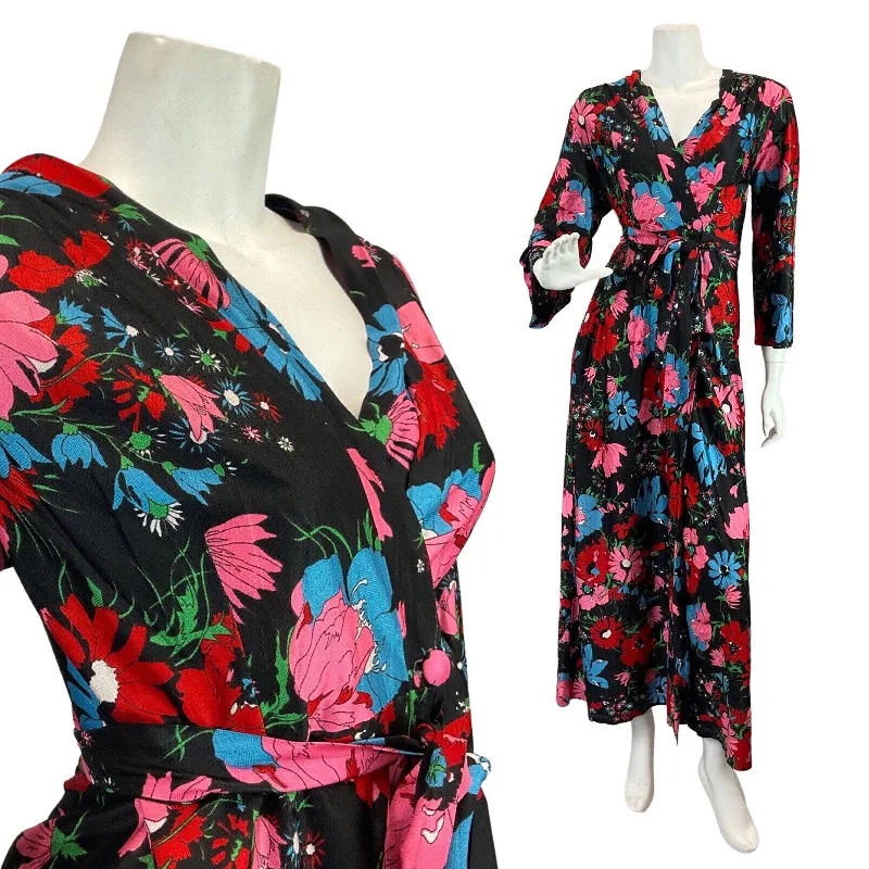 Special Price VINTAGE 60s 70s BLACK PINK BLUE FLORAL PSYCHEDELIC MOD WRAP MAXI DRESS 10 12