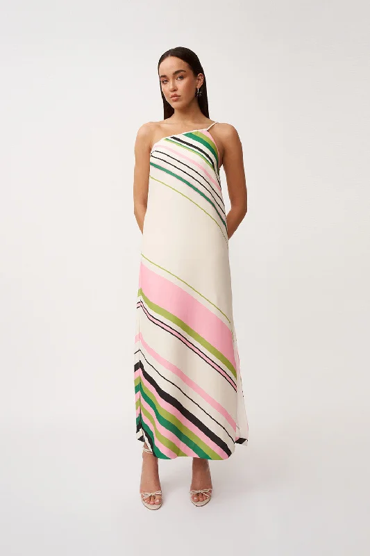 Sale Event Lola Stripe One Shoulder Dress - Ivory Green Black Multi