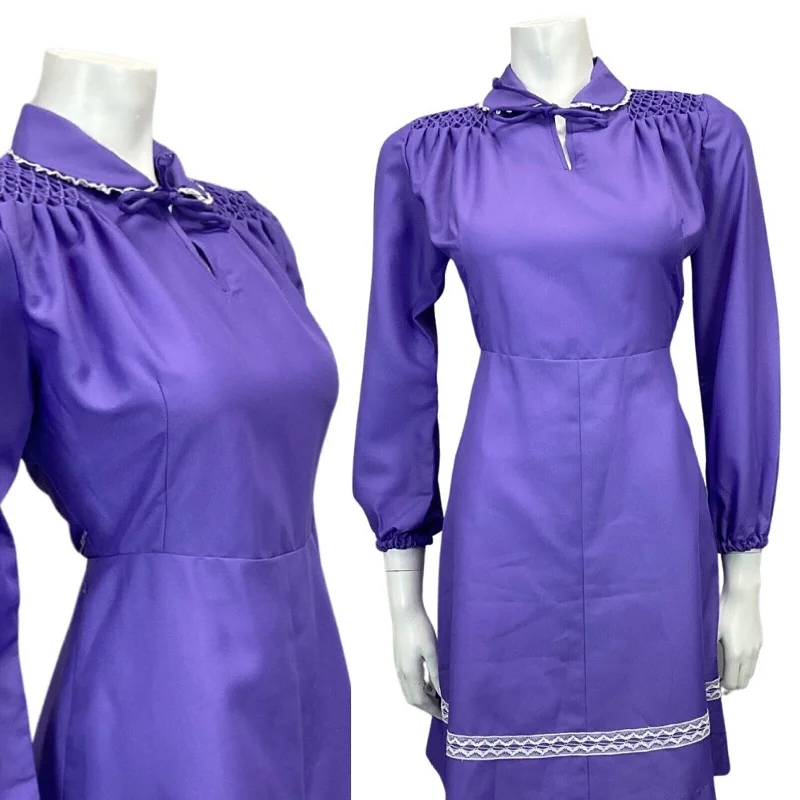 Online Only VINTAGE 60s 70s PURPLE WHITE LACE PETER PAN COLLAR PRAIRIE DRESS 10